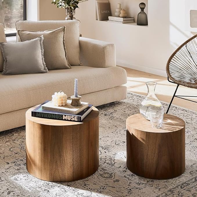 18.9”Round Nesting Coffee Table Set of 2,Wooden Circle Coffee and End Tables,Durable Accent Furniture,Modern Space-Saving Design for Small Living Rooms,Offices,No Assembling Needed,Walnut