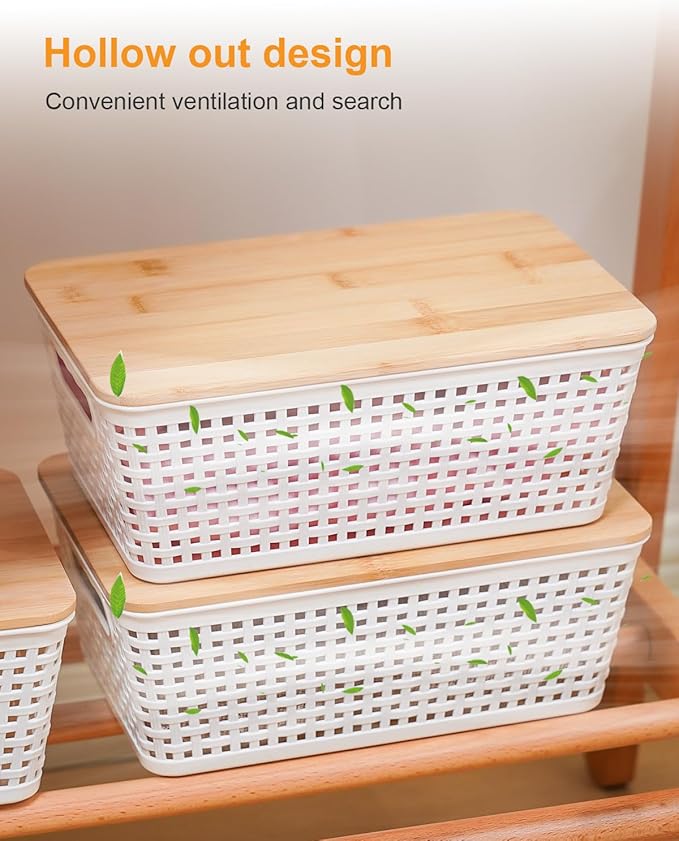 Storage Bins with Lids 10 Packs, Plastic Storage Bins with Bamboo Lids for Pantry Organization and Storage Containers for Shelves Drawers Desktop Closet Playroom Classroom Office Home, White