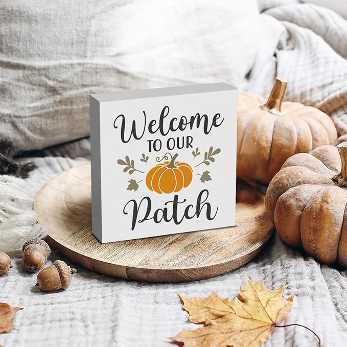 HTBIG Fall Wooden Box Sign, 5.1 X 5.1 Inch Pumpkin Autumn Wood Sign for Tiered Tray, Home Living Room Harvest Day Thanksgiving Tabletop Decor - Welcome to Our Pumpkin Patch