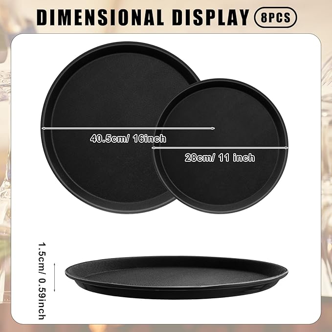 Zopeal 8 Pieces Black Round Restaurant Serving Tray, Plastic Non Slip Surface Food Meals Server Tray with Raised Edges for Home, Kitchen, Restaurant, Cafeteria, Bar (11",16")
