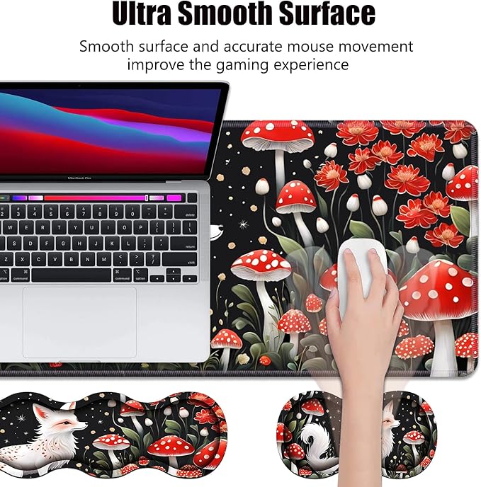 4 in 1 Ergonomic Memory Foam Mouse Pad Wrist Rest Set, Large XXL Gaming Desk Pad + Keyboard Wrist Rest + Mouse Wrist Cushion + Coaster for Home Office Study Gaming, White Fox Mushroom