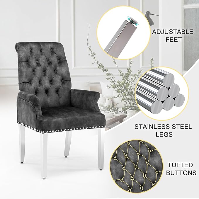 AODCHR Upholstered Velvet Accent Dining Chair, Elegant Tufted Dining Room Kitchen Room Arm Chair with Stainless Steel Leg, Dark Grey