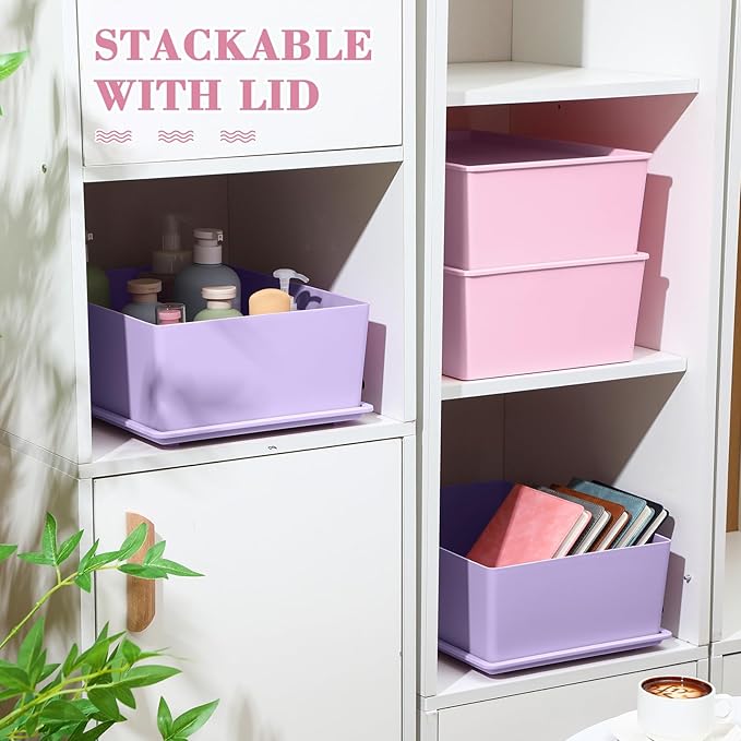 Menkxi 4 Pcs Storage Bins with Lids Plastic Containers Stackable Storage Box Baskets for Organizing Shelves (Pink, Purple,Large)