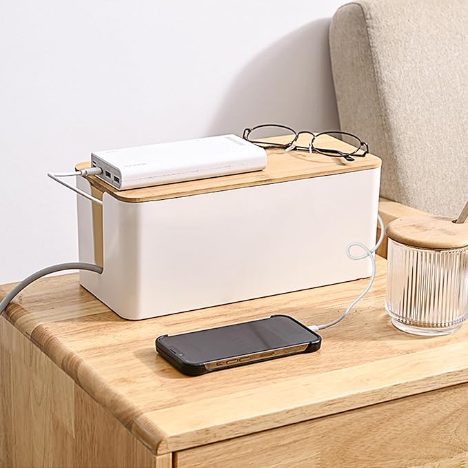 Cable Management Box,Wooden Style Large Cable Organizer Box for Office and Home,Cable Organizer Box with Proof Lock for Baby-Pets,12.5" (L) x 5" (W) 5.3" (H)（White,1Pack