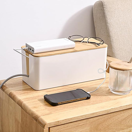 Cable Management Box,Wooden Style Large Cable Organizer Box for Office and Home,Cable Organizer Box with Proof Lock for Baby-Pets,12.5" (L) x 5" (W) 5.3" (H)（White,1Pack
