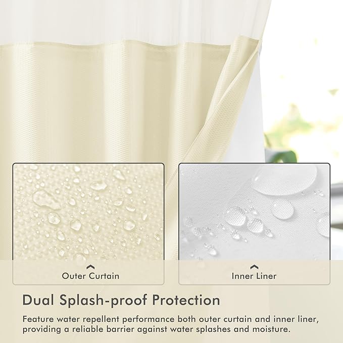 Mrs Awesome No Hook Shower Curtain with Snap-in Liner Less Time On/Off, Embossed Waffle-Look Textured Fabric Shower Curtain for Bathroom, Soft & Lightweight, 71x74, Cream