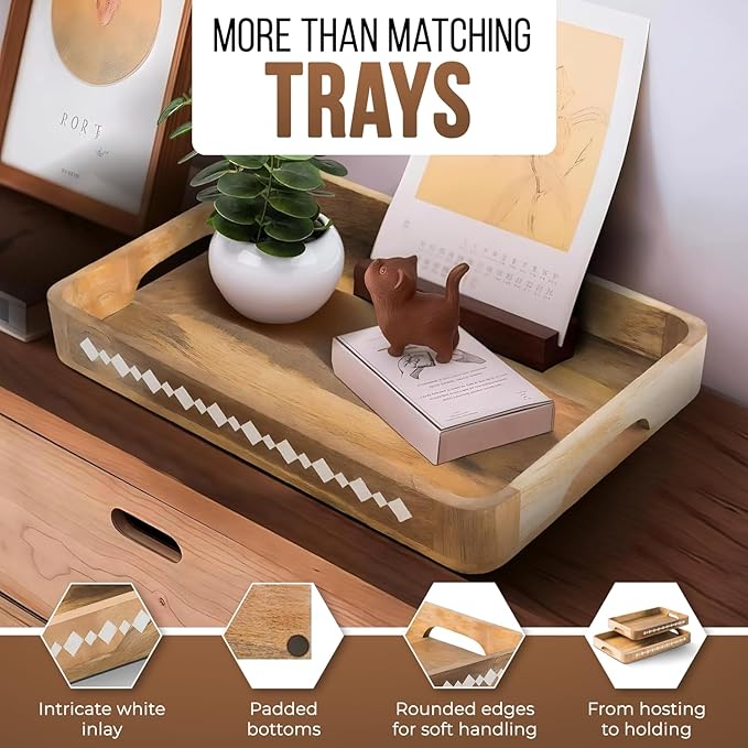 Mela Artisans Wooden Serving Tray Set of 2 with Handles | Mango Wood Decorative Trays | 15x10x1.75 & 13x9x1.75 | Ottoman Tray | Snacks | Desserts | Bread | Coffee Table | Bedroom | Rounded Edge