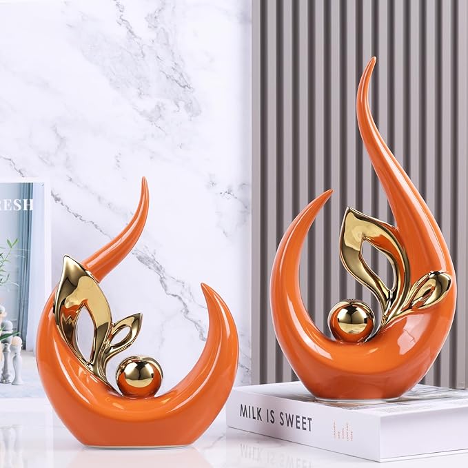 9.4" H Orange Gold Abstract Sculptures Home Decor, Ceramic Art Statue Cool Stuff to Put on Shelves&tv Stand Decor, Gold Accent Entertainment Center, for Fireplace Coffee Table Dining Table Decorate