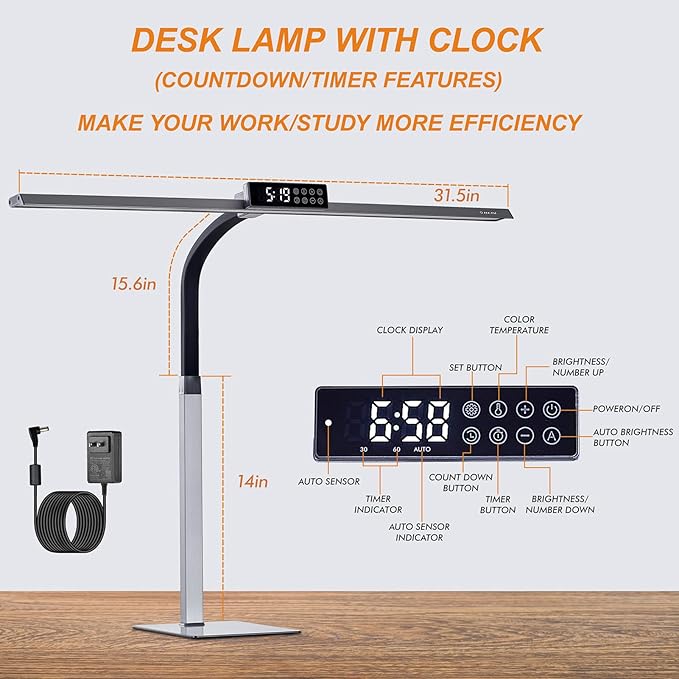 G Keni 3400LM Ultra Bright LED Desk Lamp with Clock for Home Office, 31.5″W x 27″H, 25W Auto-Fill Brightness Desk Light with Timer, Touch Gooseneck Architect Lights for Work Study Read (Base)