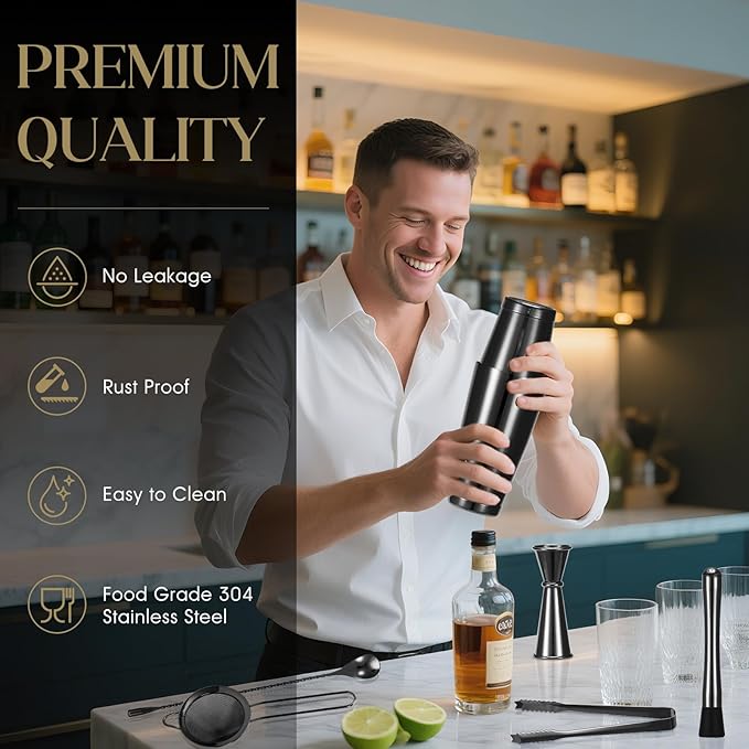 YXT & BEYOND Black Cocktail Shaker Set - 12-Piece Stainless Steel 30oz+20oz Bartender Kit Bar Tools Set: Boston Shaker, Jigger, Mixer Spoon, Muddler, Martini Barware Mixing Tools | Housewarming Gift