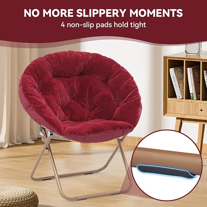 Magshion Saucer Chair for Adults, Comfy Living Room Lounge Chair for Bedroom Corner, Dorm, Apartment, Faux Fur Fluffy Circle Accent Seat with Thick Padded & Folding Metal Frame (Burgundy)