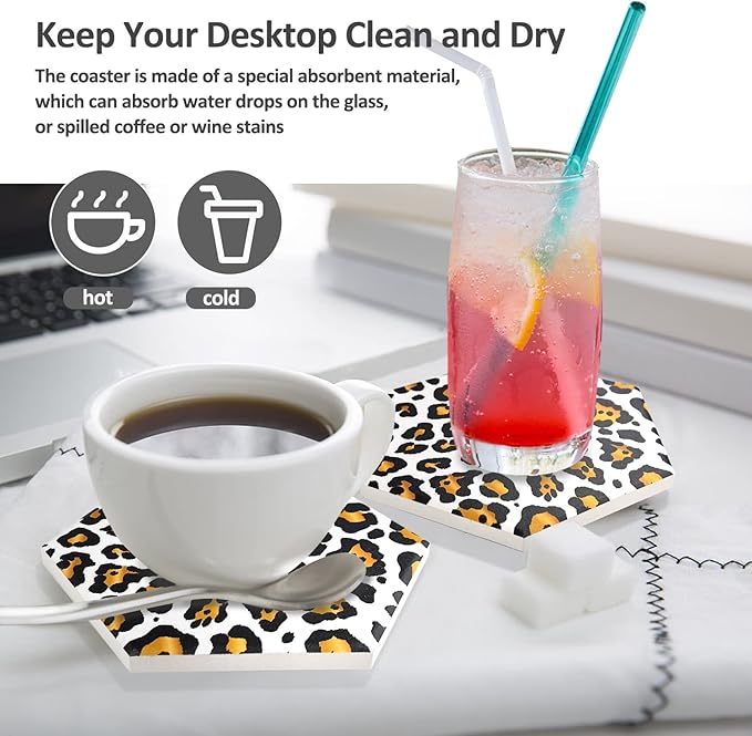 8 Pcs Drink Coasters with Metal Holder Stand, Leopard Print Design Ceramic Coaster Set, Cork Base, for Tabletop Protection, Home Decor, Bar Coasters(Leopard 1)