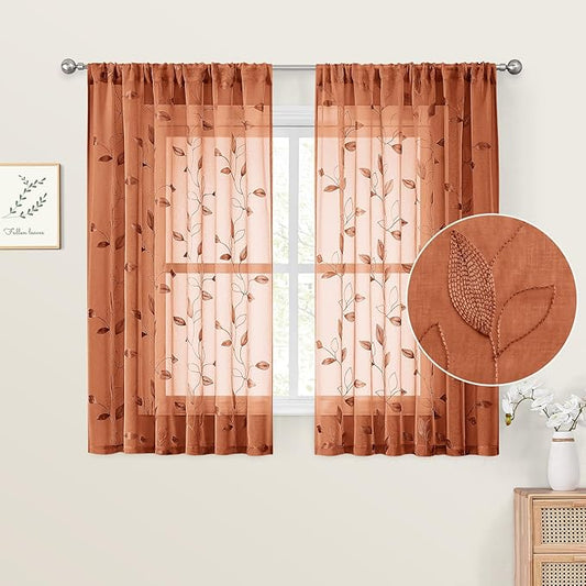 HOMEIDEAS Fall Burnt Orange Sheer Curtains 52 x 54 Inch Length 2 Panels Embroidered Leaf Pattern Short Curtains for Bedroom Half Small Window Rod Pocket Kitchen