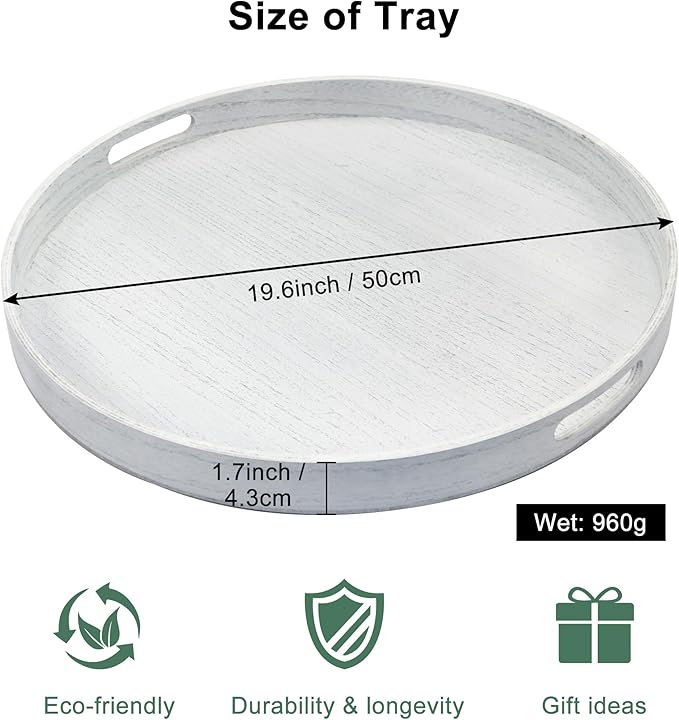 Round Decorative Tray, Extra Large Wooden Serving Tray with Handles, 11.8in White Decorative Trays for Coffee Table,Kitchen Counter,bandejas decorativas