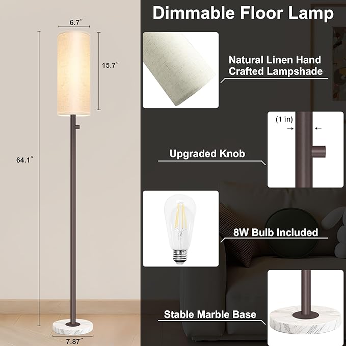 Dimmable Floor Lamp for Living Room,Modern Standing Lamp with Marble Base,LED Bulb Included,Floor Lamps for Bedroom, Living Room,Office,Reading and Kid Room