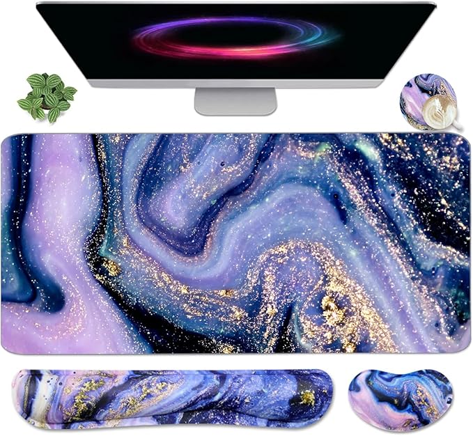 Keyboard Mouse Pad Set, Extended Mouse Pad+Keyboard Wrist Rest Support, Memory Foam Ergonomic Easy Typing, 3Pcs (35.4×15.7 in) Desk Pad Set for Home Office Study Game-Purple Marble