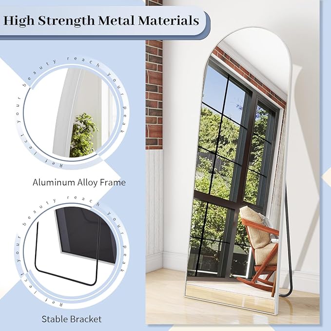 BEAUTYPEAK 64"x21" Arch Full Body Floor Mirror, Full Length Mirror Hanging or Leaning Arched-Top, Wall Mirrors with Stand for Bedroom, Dressing Room, Silver