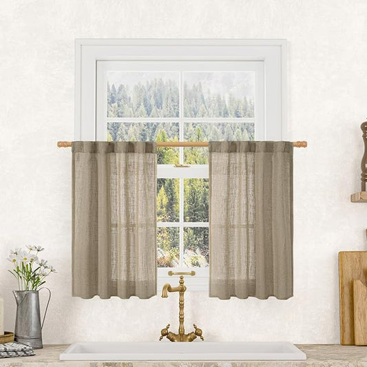 LAMIT Taupe Linen Curtains 30 Inch Length, Semi Sheer Light Filtering Window Panels Back Tab and Rod Pocket Drapes for Kitchen/Basement/Small Windows, 25 x 30 Inch, 2 Panels