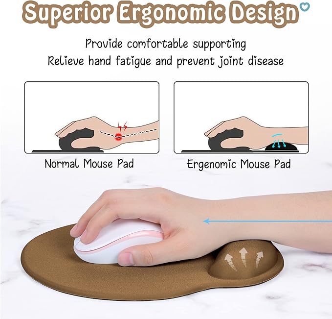 Hsurbtra Ergonomic Mouse Pad with Wrist Rest Support, Gel Mouse Pads with Non-Slip PU Base, Pain Relief Memory Foam Computer Mat, Cute Office Supplies Desk Decro Accessories, Leather Brown
