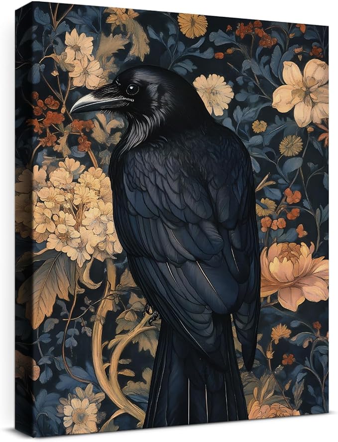 Aesthetic Raven Floral Wall Art Decor Vintage Raven Cottagecore Canvas Print Poster Dark Academia Framed Painting Wall Decoration for Home Farmhouse Living Room Bedroom 11x15 Inch