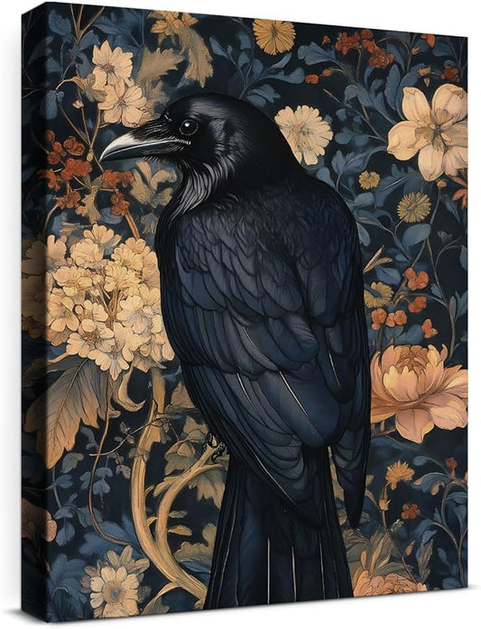 Aesthetic Raven Floral Wall Art Decor Vintage Raven Cottagecore Canvas Print Poster Dark Academia Framed Painting Wall Decoration for Home Farmhouse Living Room Bedroom 11x15 Inch
