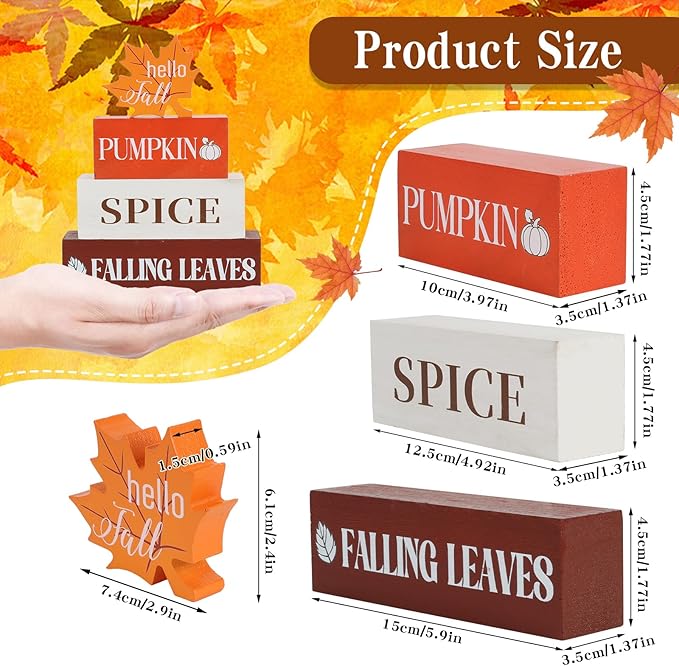 4 Pcs Fall Decor Wooden Table Centerpieces Fall Maple Leaf Block Sign Decorations for Home Wooden Tiered Tray Decor for Tabletop Decor Autumn Harvest Party Home Kitchen
