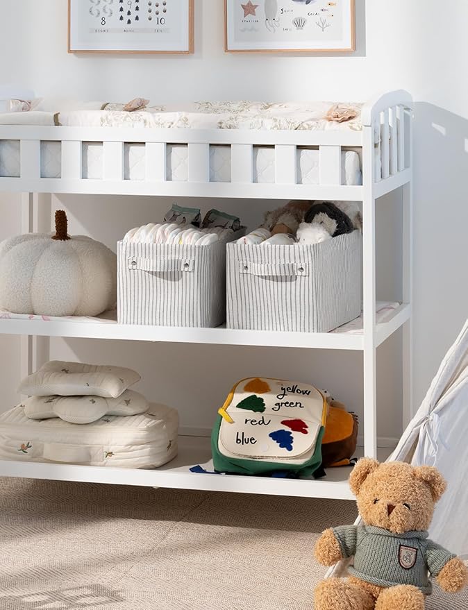 StorageWorks Narrow Storage Bins, Small Basket for Closet and Shelves, Rectangular Fabric Organizer with Handles, Toilet Paper Storage, Khaki and Beige Stripes, 2-Pack