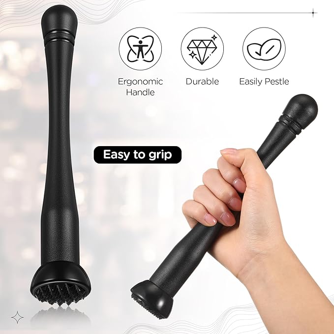 Baderke Muddler for Cocktails Plastic Bar Muddler Bulk 8 Inch Bar Accessories Tools Set for Home Ice Crusher Bartender Accessories Mojito Fruit Drink(Novel,Black,8 Pcs)