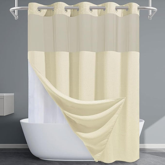 Ivory Hotel Shower Curtain with Detachable Liner - 230GSM Waffle Textured,Hotel Grade,Spa Like Bath Curtain,71W x 74H