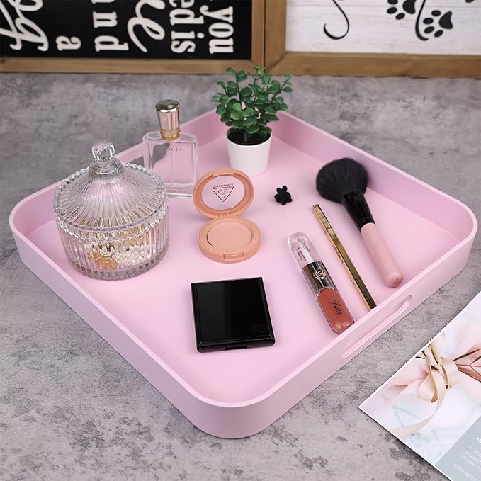 Square Pink Decorative Serving Tray with Handles, Versatile Ottoman Tray for Coffee Table, Entertaining, Outdoor Patio, Living Room, 13”*13”*1.6”