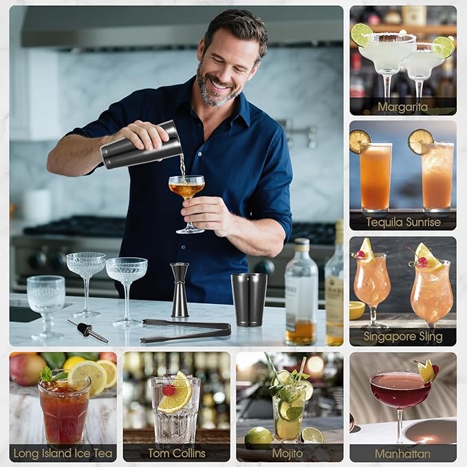 YXT & BEYOND Black Cocktail Shaker Set - 12-Piece Stainless Steel 30oz+20oz Bartender Kit Bar Tools Set: Boston Shaker, Jigger, Mixer Spoon, Muddler, Martini Barware Mixing Tools | Housewarming Gift