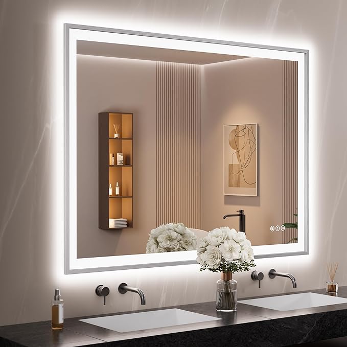 48x36 Silver LED Bathroom Mirror, Rectangle Brushed Nickel Lighted Mirror for Wall, Stepless Dimmable Led Vanity Mirror with Front-lit and Backlit, Tempered Glass, Anti-Fog, Memory