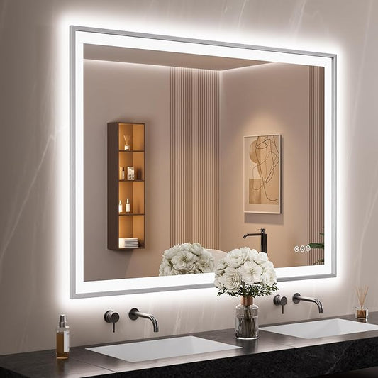 48x36 Silver LED Bathroom Mirror, Rectangle Brushed Nickel Lighted Mirror for Wall, Stepless Dimmable Led Vanity Mirror with Front-lit and Backlit, Tempered Glass, Anti-Fog, Memory