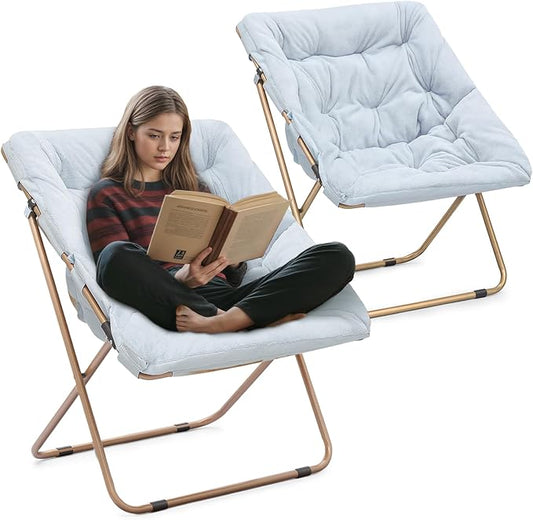 Athena Collection Saucer Chair for Adult, Square Comfy Cozy Chair Folding Chair Faux Fur Metal Frame Foldable Reading Chair Accent Chair for Bed Room Living Room Set of 2, Blue