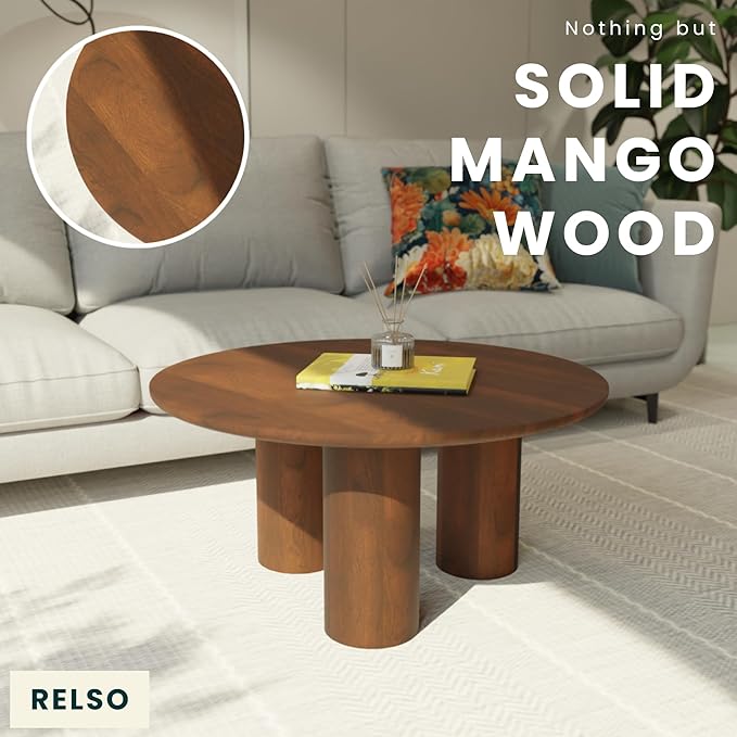 Relso Gaia Round Coffee Table, Natural Mango Wood Coffee Table with Wood Grain and Sturdy Finish | Perfect for Living Room and Farm House - Sturdy, Durable, Ideal for Patio Decor (Walnut, 18 inch)