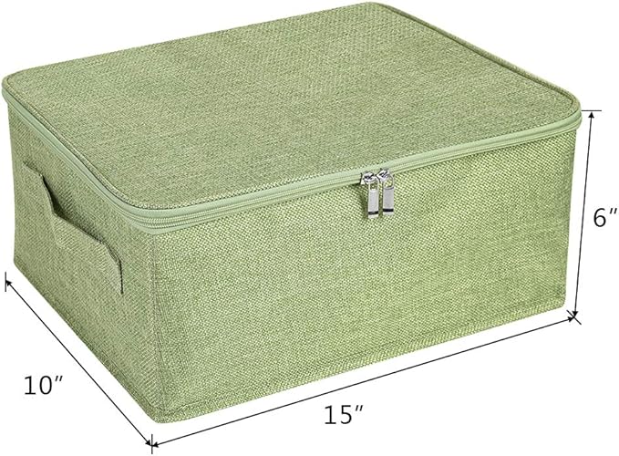 ANMINY 3PCS Storage Bins with Zipper Lids 13 Qt Lidded Fabric Storage Boxes Baskets Cubes with Handles Collapsible Washable Cotton Linen Closet Shelf Clothes Organizer Containers - Green, Small