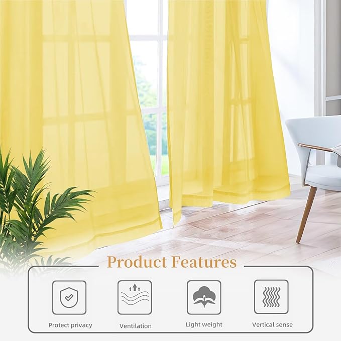 Sheer Curtains 72 Inches Long 2 Panels, Rod Pocket Short Curtain for Kitchen, Bedroom, Cafe Window(Yellow 38" W x 72" L)