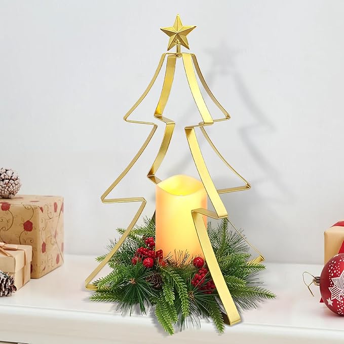 Christmas Table Centerpiece Decorations, Metal Christmas Tree Candle Holder with Battery Operated Candle Light Artificial Red Berries Pinecones Xmas Decor for Home Farmhouse Party