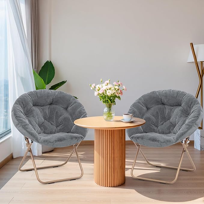 Magshion Saucer Chair for Adults, Comfy Living Room Lounge Chair for Bedroom Corner, Dorm, Apartment, Faux Fur Fluffy Circle Accent Seat with Thick Padded & Folding Metal Frame (Grey, Set of 2)