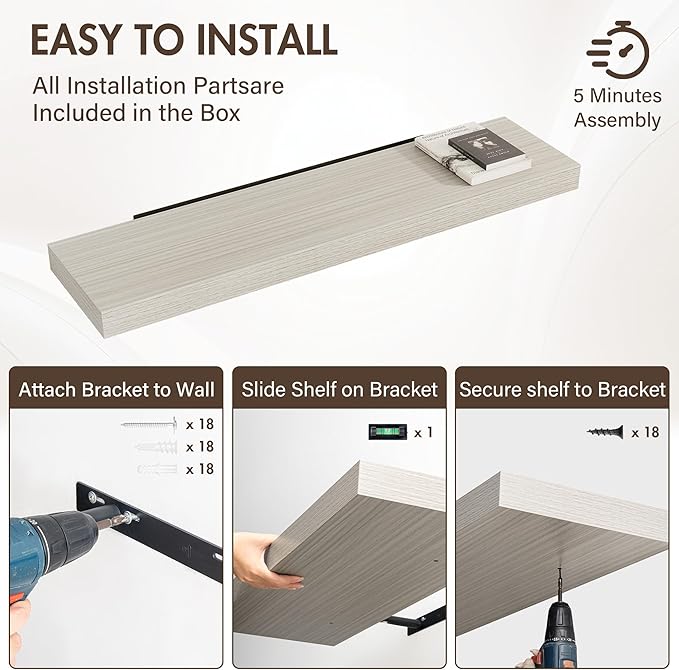 48 Inch Floating Shelves, 12" Deep Floating Shelf Wall Mounted, 48" Wall Shelves, Rustic Deep Bookshelf, Extra Deeper & Thicker Display Shelves for Bedroom, Living Room, Gray, Set of 2