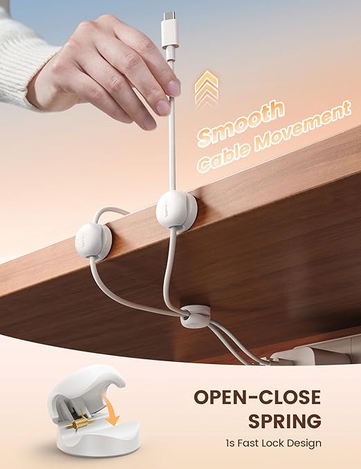 Lamicall Cord Organizer, Spring Cable Management Clips - 6Pack Compact Desk Cable Holder Clips, Nightstand Phone Charging Cord Holder, Halloween Adhesive Wire Organizer, Office Accessory, White