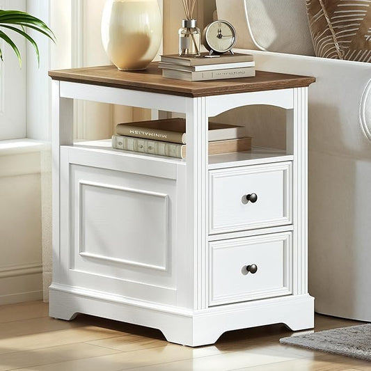 Farmhouse End Table with 2 Drawers, Narrow Sofa Side Table with Storage and Open Shelf, Wooden Nightstand for Small Spaces, Bedroom, Living Room, White and Walnut