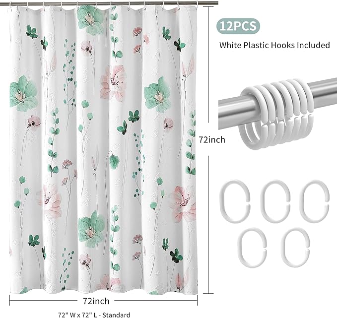 QiyI Watercolor Floral Shower Curtain, 3D Embossed Butterflies Sage Green Flower Bathroom Curtain, Minimalist White Cloth Bath Curtain, Waterproof Fabric Textured Shower Curtain Set with Hooks, 72x72