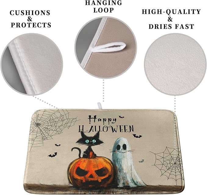 Happy Halloween Dish Drying Mat for Dishs 18x24 Inch Halloween Pumpkin Ghost Black Cat Kitchen Drying Mat Spooky Spiderweb Holiday Dish Drainer Mat Super Absorbent Dish Rack Pad for Coffee Bar Sinks