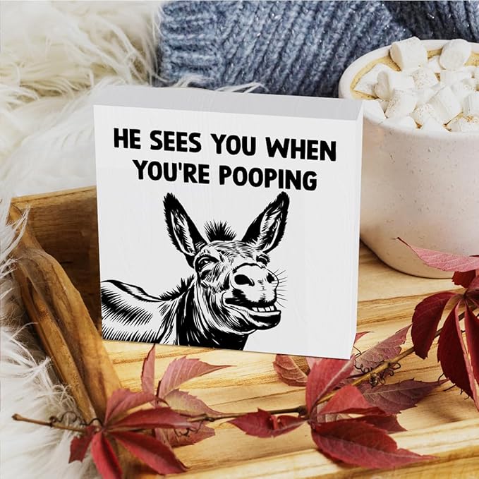 HTBIG Funny Donkey Bathroom Wooden Box Decor He Sees You when You Re Pooping Wooden Box Logo Put It on a Bathroom Corner Shelf to Create a More Cheerful Ambiance 5 x 5 Inch
