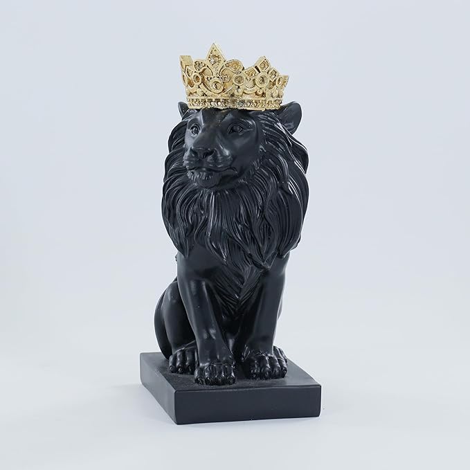 8" Crown Lion King Statue Decor, The King of Beasts - Statue Decoration for Home/Study/Living Room, Great Collectible Figurines, Best Gift for The Man, Black Golden Color