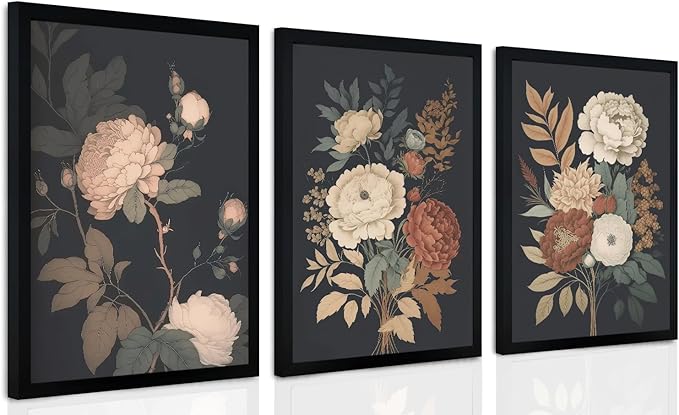 arfitest Vintage Floral Wall Art Dark Plant Canvas Wall Decoration Farmhouse Print Black Peony Painting Wall Decoration Moody Artwork For Living Room Bedroom 16x24 Inch Frame Three-Piece Set
