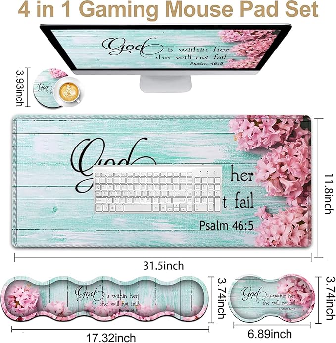 Mouse Pad Set, Large Gaming Mouse Pad + Keyboard Wrist Rest Support + Mouse Wrist Cushion + Coaster, Non-Slip Rubber Base, 31.5 x 11.8 in Extended Desk Mat for Office, Psalm 46-5 Pink Hyacinth