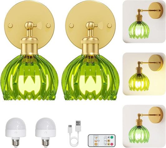 Vintage Battery Operated Wall Sconce Set of 2, Wireless Wall Sconce with Green Tulip Glass Shade, Rechargeable & Remote Control Wall Lamp for Living Room, Bedroom，Hallway Wall Decor Lights