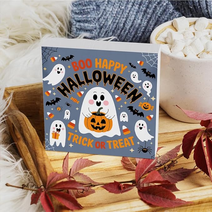 HTBIG Halloween Cute Ghost Boo Happy Hahalloween Trick OR Treat Wooden Box Sign Office Decor Room Decor Suitable family Computer Desk Dressing Table 5 x 5 Inch